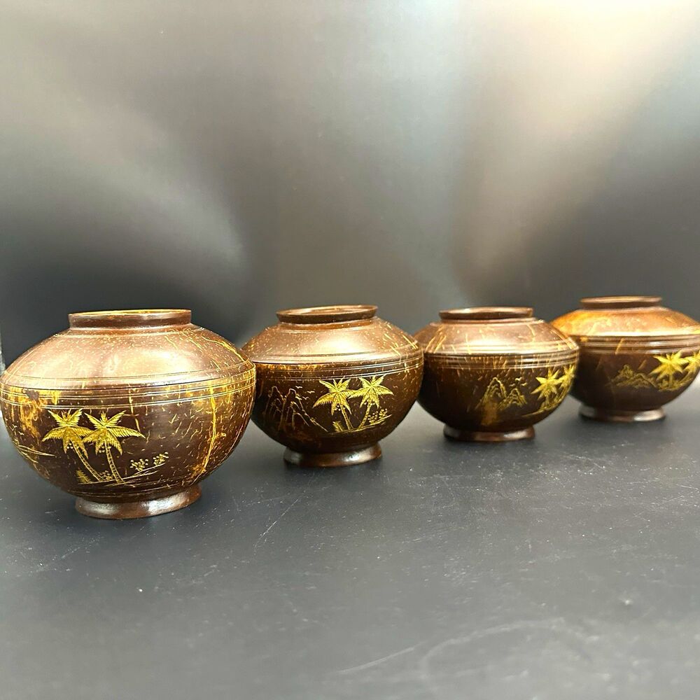 Vintage Hand Carved Coconut Shell Bowls with Lids Set 4 Gilt Palm Trees 3.5"